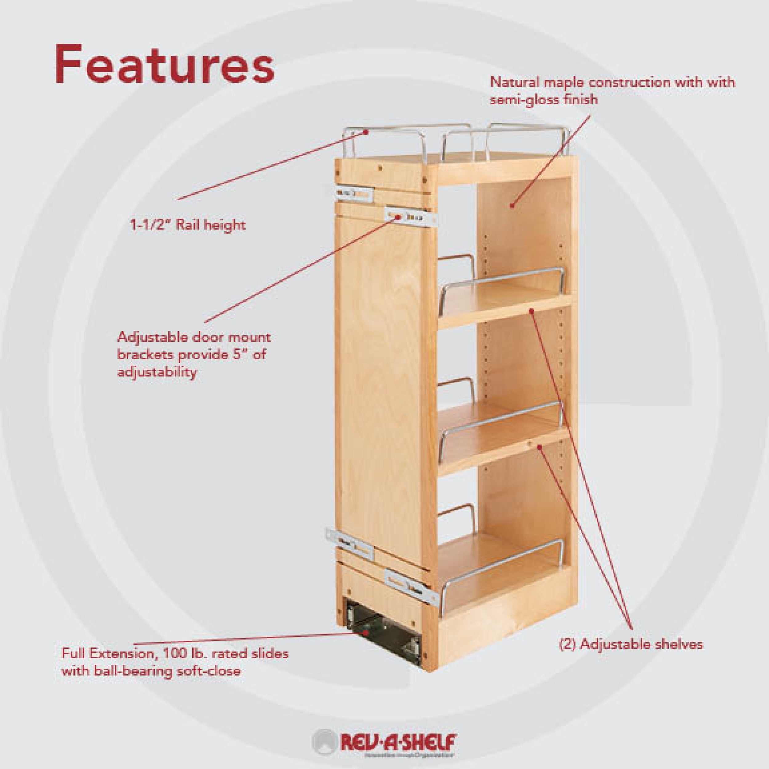 8 in Wood Pull Out Wall Organizer w/Soft Close Natural  8 in (203 mm) W x 10.75 in (273 mm) D x 26.15 in (664 mm) H