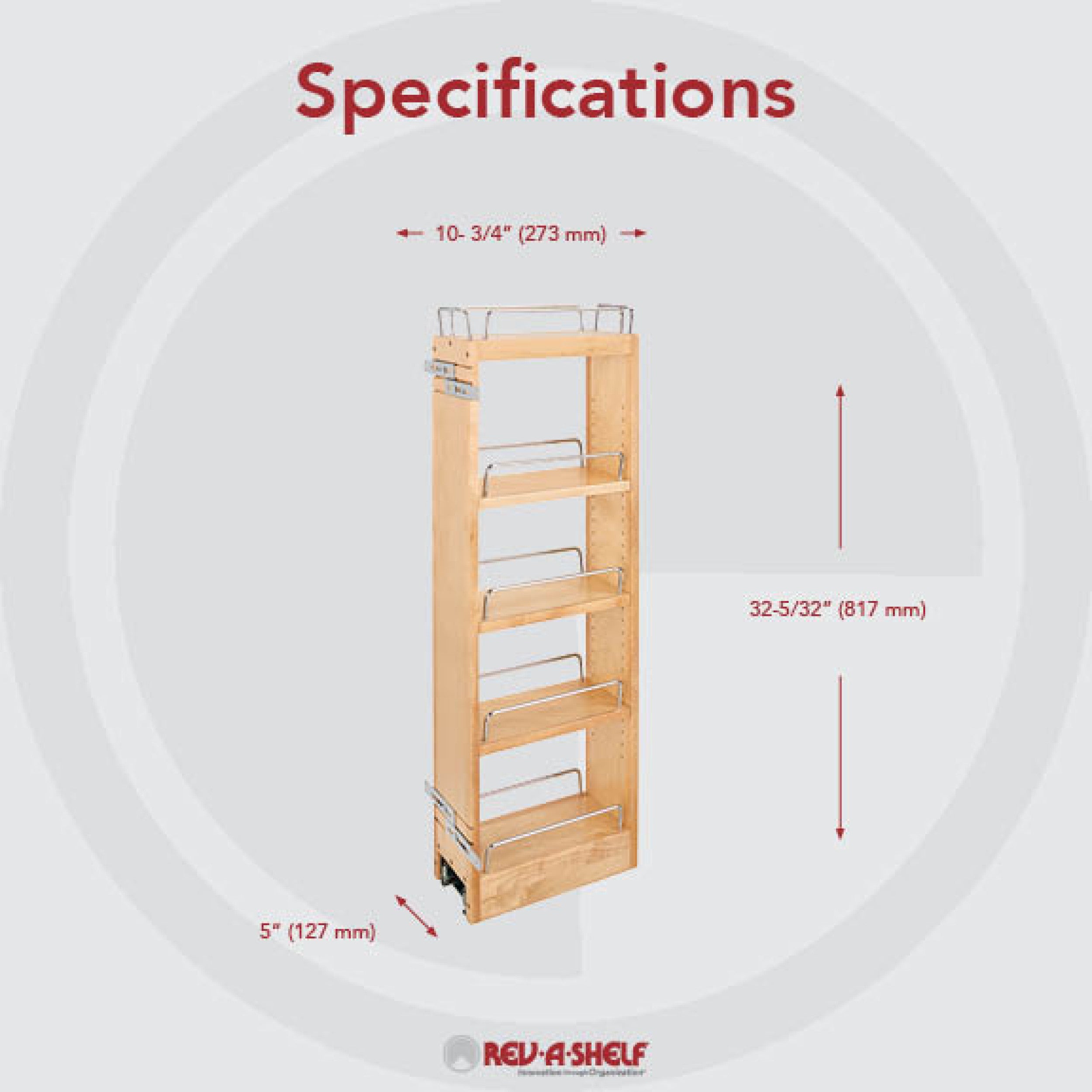 5 in x 36 in H Wood Pull Out Wall Organizer w/Soft Close Natural  5 in (127 mm) W x 10.75 in (273 mm) D x 32.15 in (817 mm) H