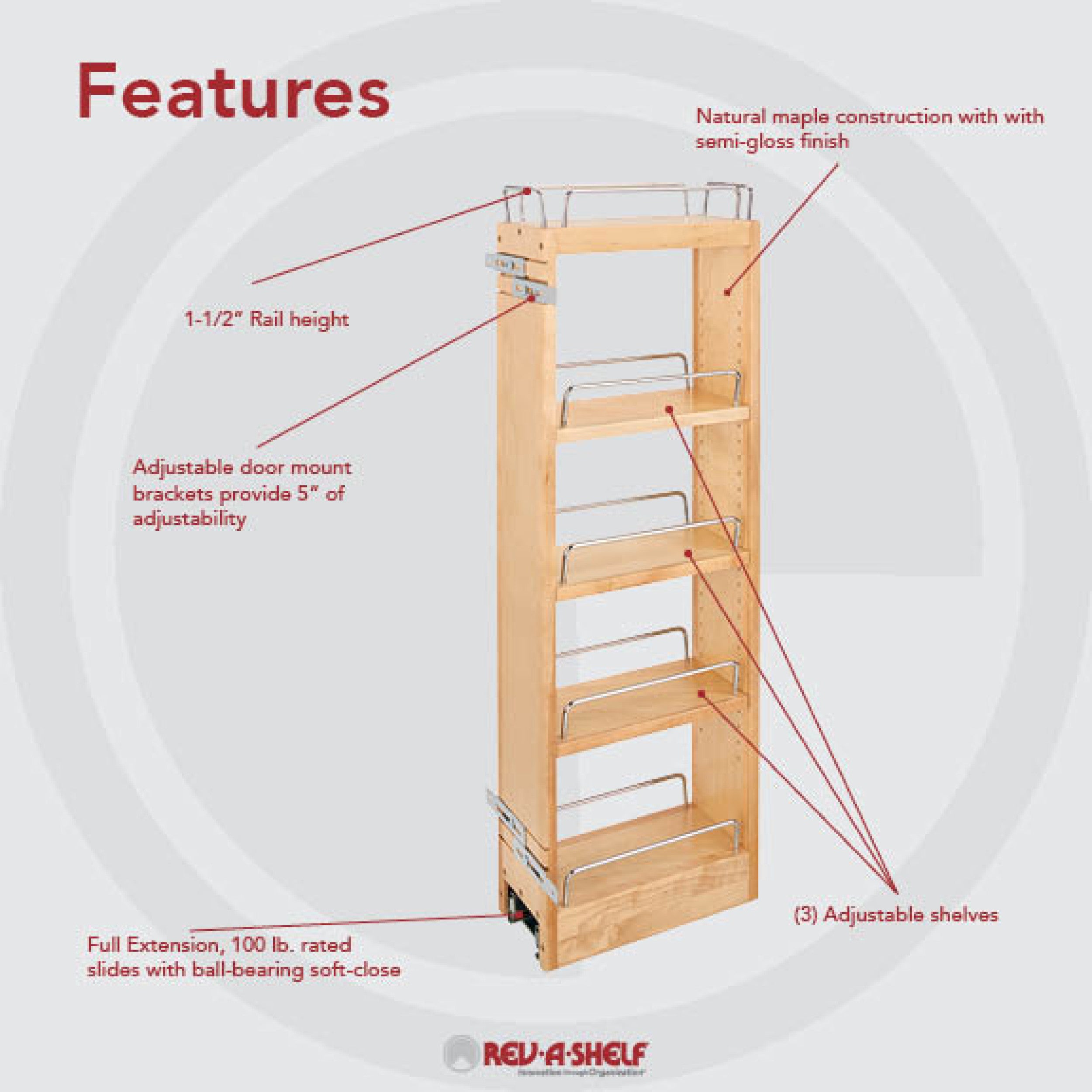 5 in x 36 in H Wood Pull Out Wall Organizer w/Soft Close Natural  5 in (127 mm) W x 10.75 in (273 mm) D x 32.15 in (817 mm) H