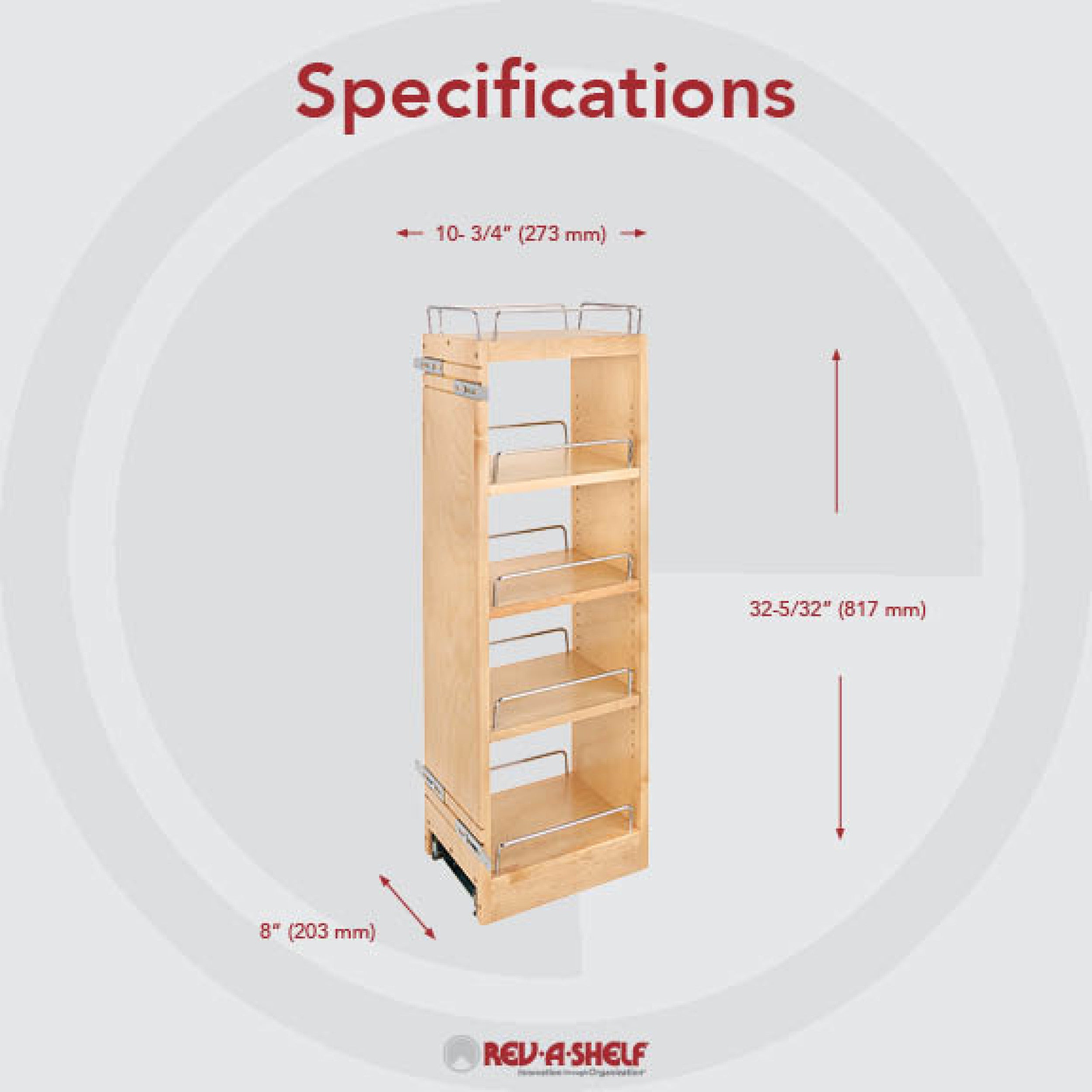 8 in x 36 in H Wood Pull Out Wall Organizer w/Soft Close Natural  8 in (203 mm) W x 10.75 in (273 mm) D x 32.15 in (817 mm) H