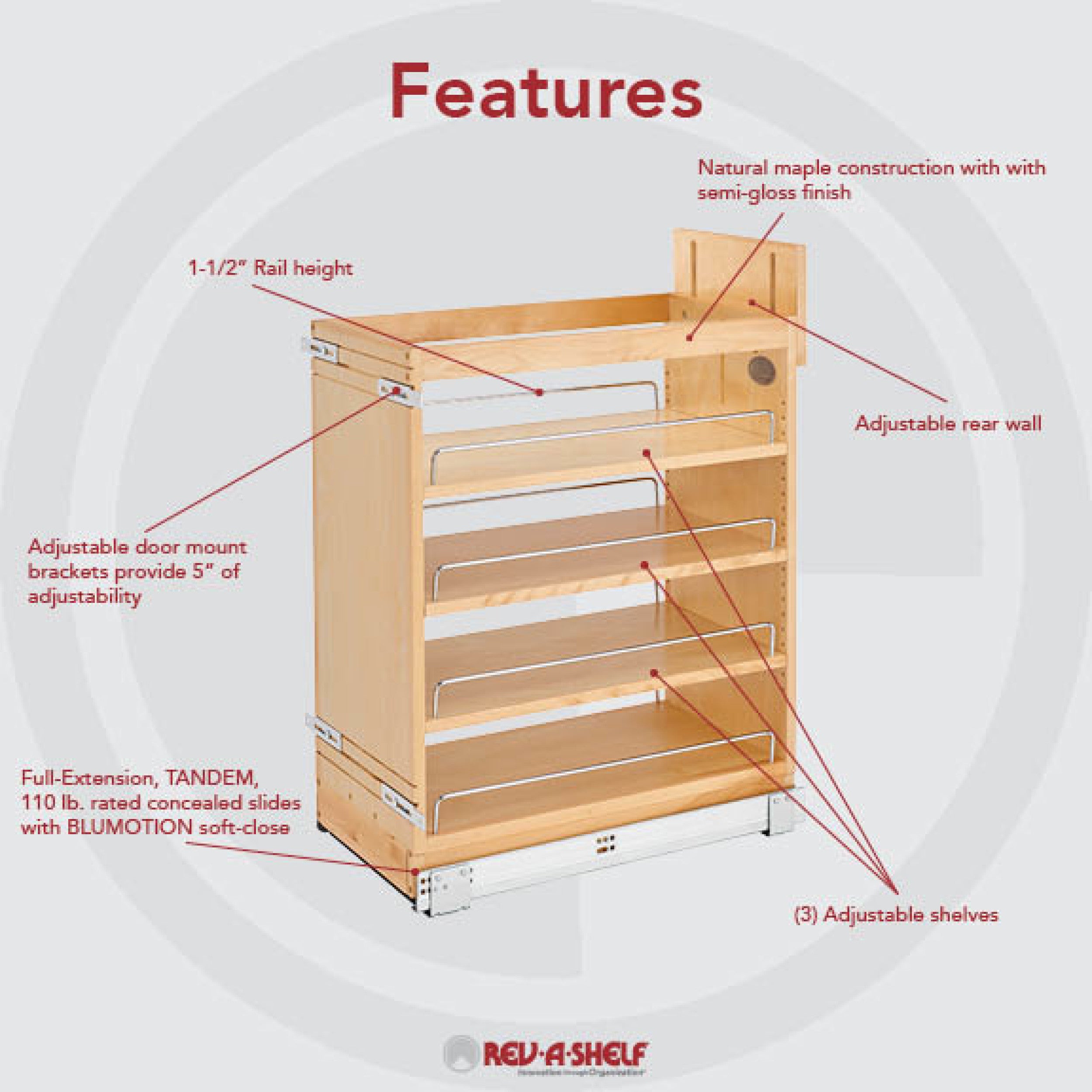 11 in Base Cabinet Organizer Soft-Close Natural  11.75 in (298 mm) W x 21.63 in (549 mm) D x 25.5 in (648 mm) H