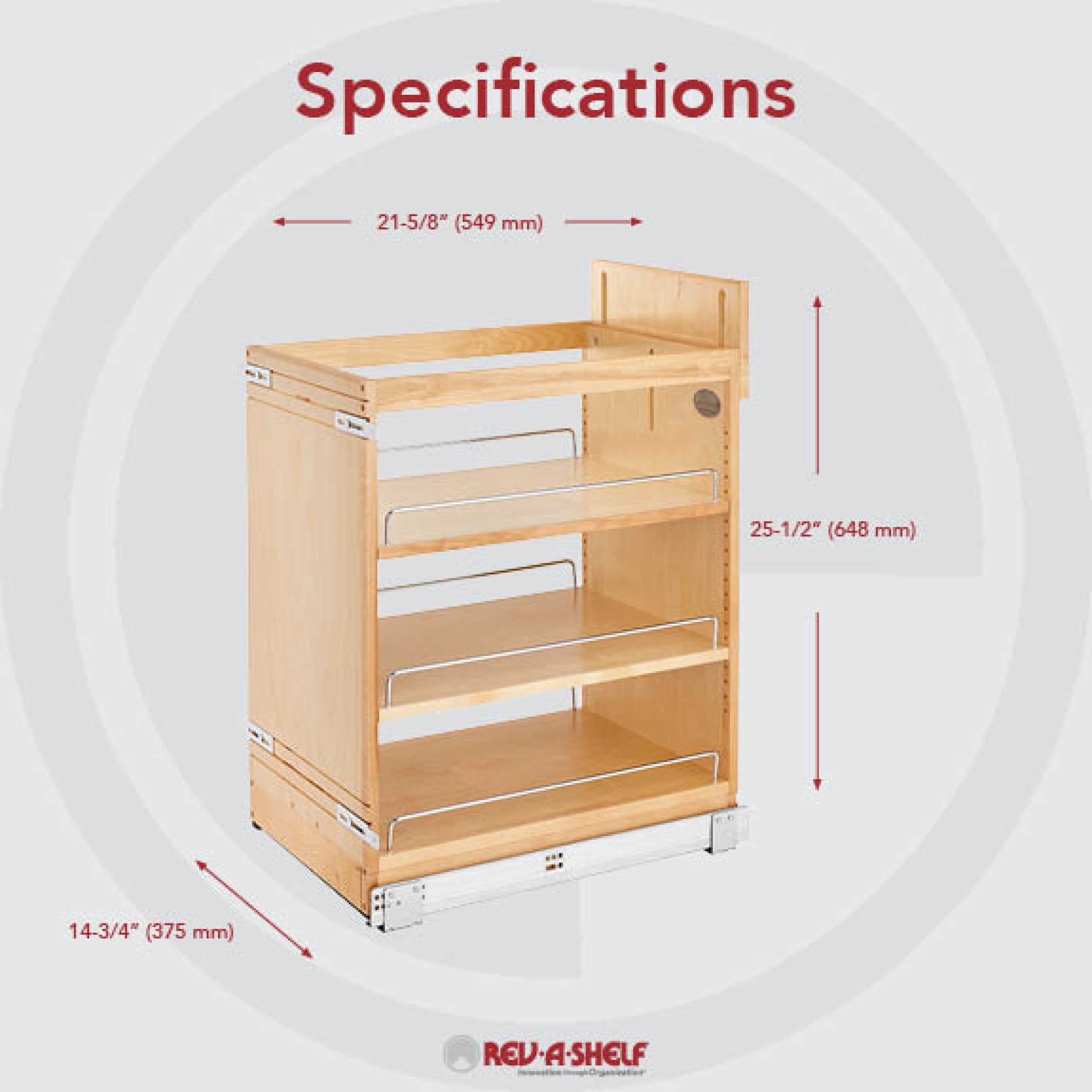 14 in Base Cabinet Organizer Soft-Close Natural  14.75 in (375 mm) W x 21.63 in (549 mm) D x 25.5 in (648 mm) H