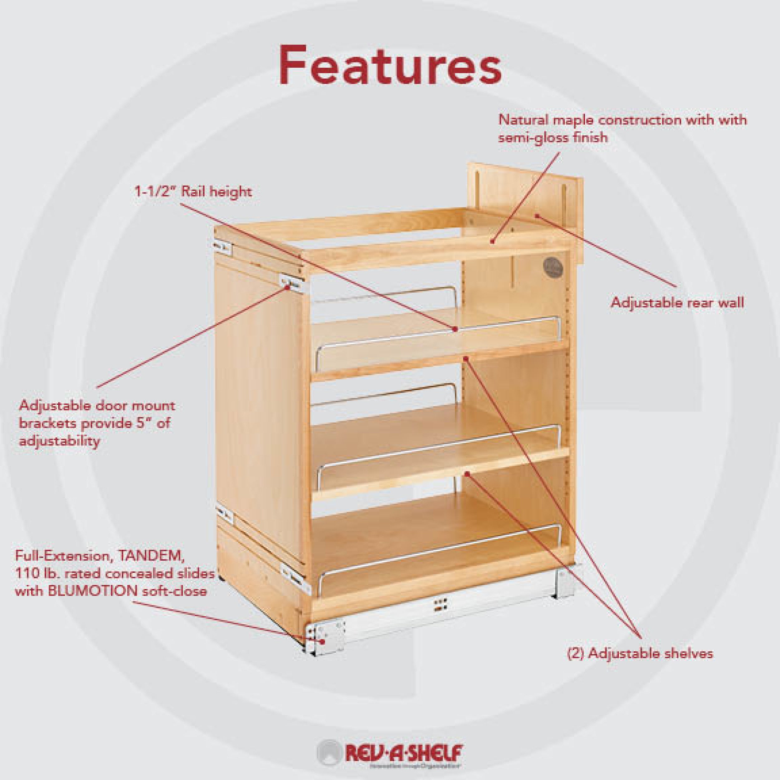 14 in Base Cabinet Organizer Soft-Close Natural  14.75 in (375 mm) W x 21.63 in (549 mm) D x 25.5 in (648 mm) H