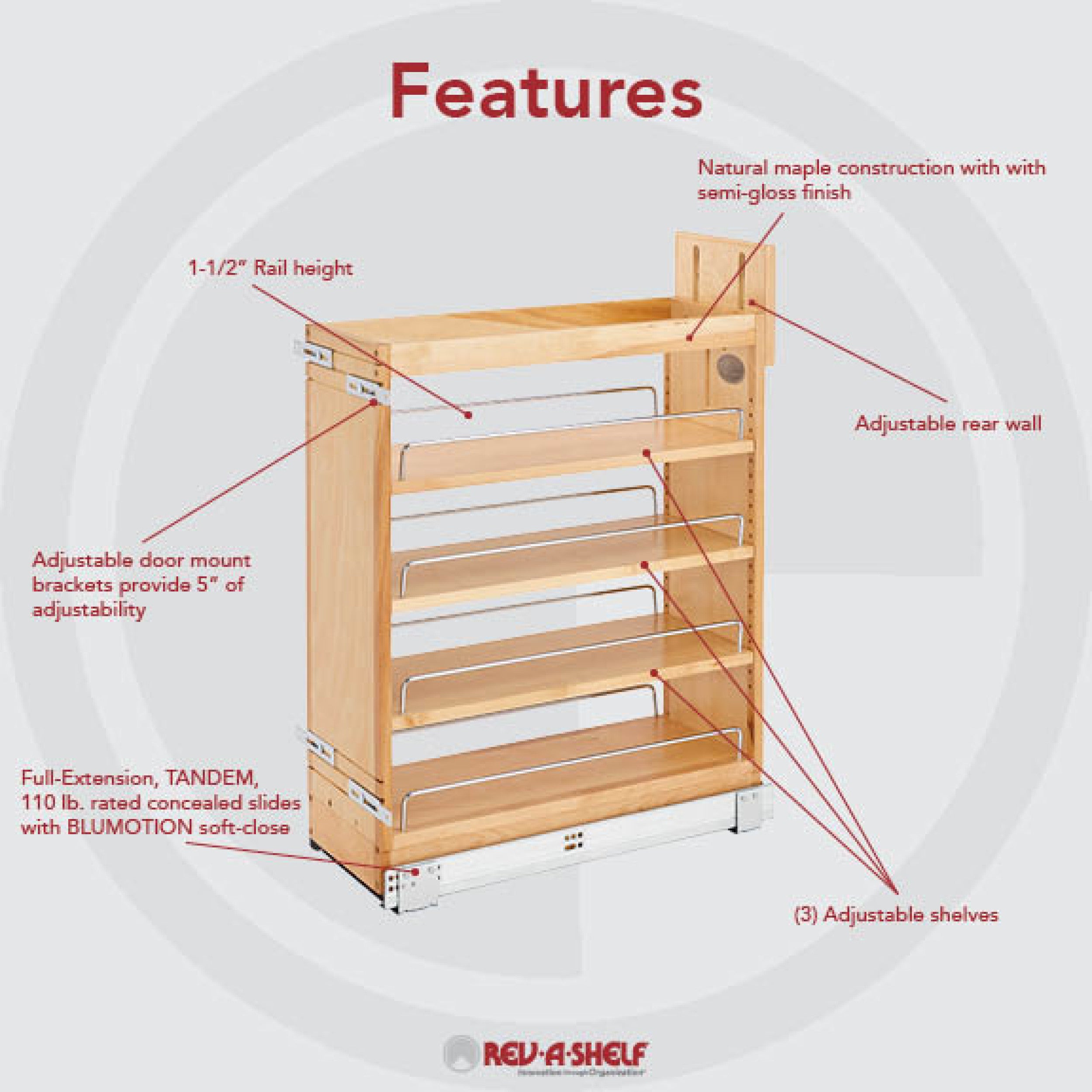 8 in Base Cabinet Organizer Soft-Close Natural  8.75 in (222 mm) W x 21.63 in (549 mm) D x 25.5 in (648 mm) H