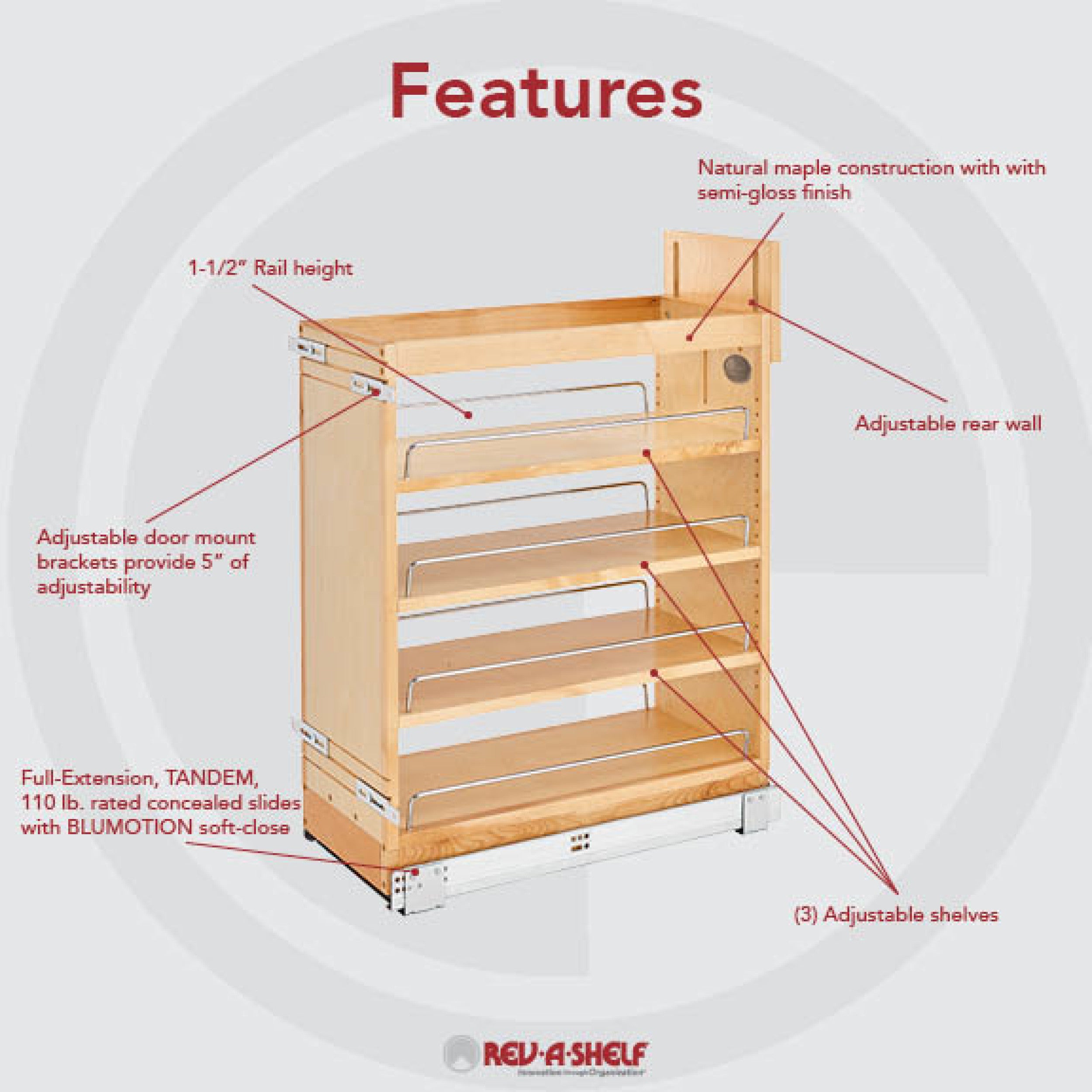 9 in Base Cabinet Organizer Soft-Close Natural  10.25 in (260 mm) W x 21.63 in (549 mm) D x 25.5 in (648 mm) H