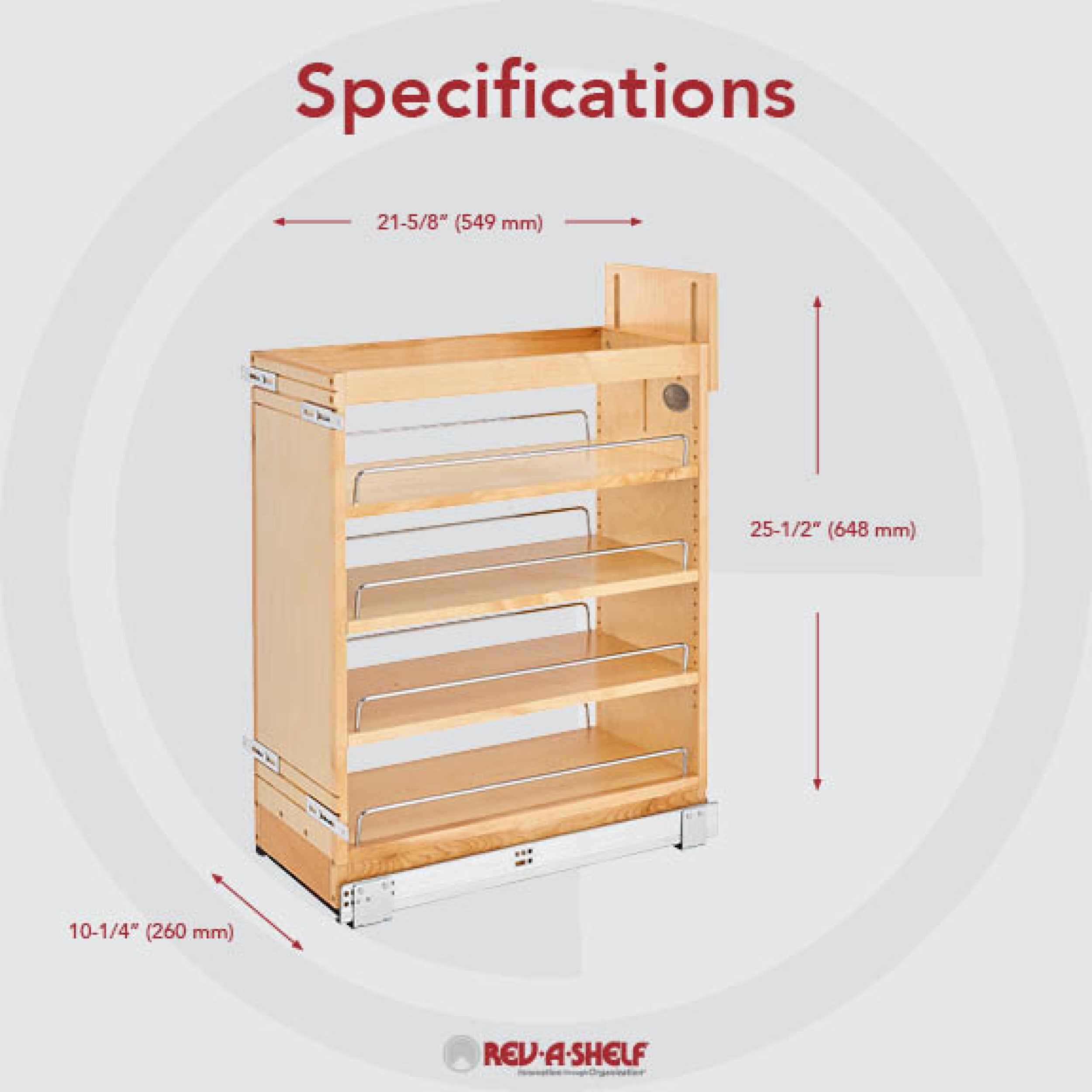 9 in Base Cabinet Organizer Soft-Close Natural  10.25 in (260 mm) W x 21.63 in (549 mm) D x 25.5 in (648 mm) H