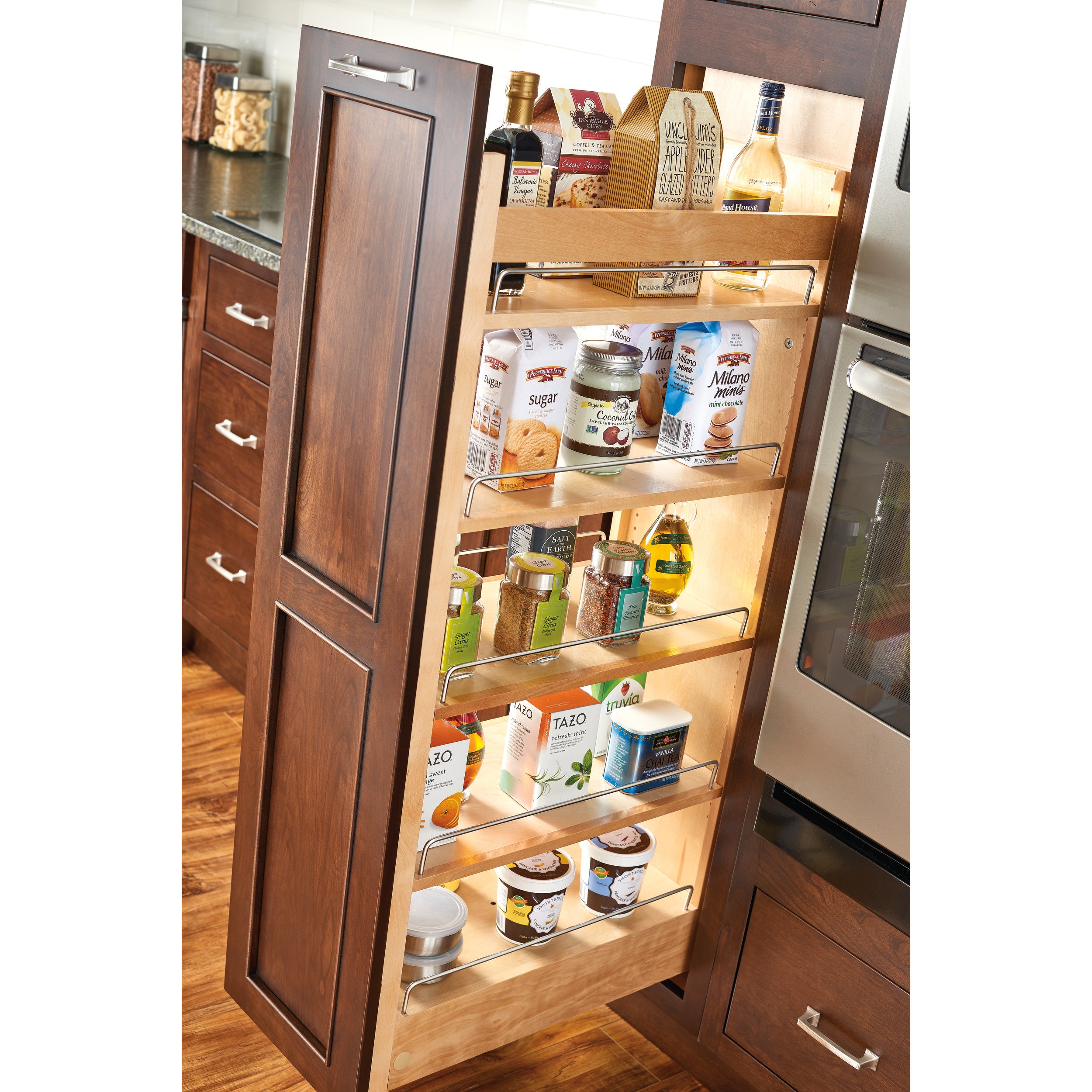 5 in W x 43 in H Wood Pantry Pullout Soft Close Natural  5 in (127 mm) W x 22 in (559 mm) D x 43.25 in (1099 mm) H