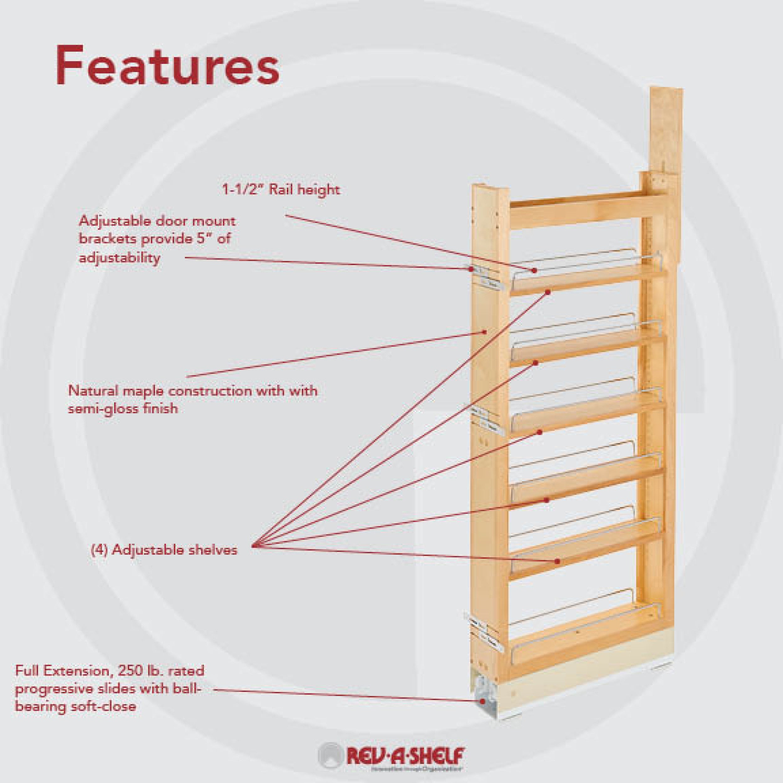 5 in W x 51 in H Wood Pantry Pullout Soft Close Natural  5 in (127 mm) W x 22 in (559 mm) D x 50.75 in (1289 mm) H