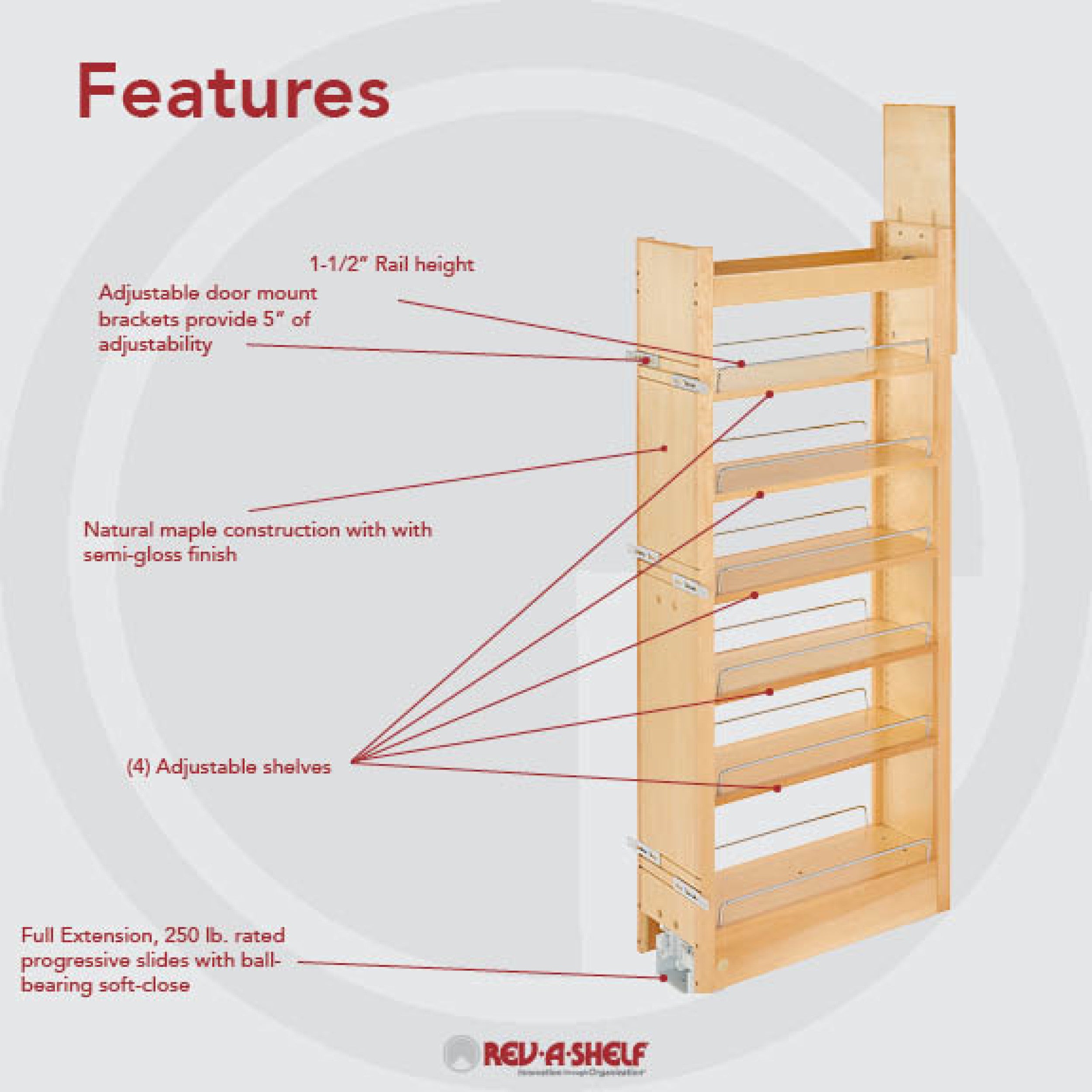 8 in W x 51 in H Wood Pantry Pullout Soft Close Natural  8 in (203 mm) W x 22 in (559 mm) D x 50.75 in (1289 mm) H