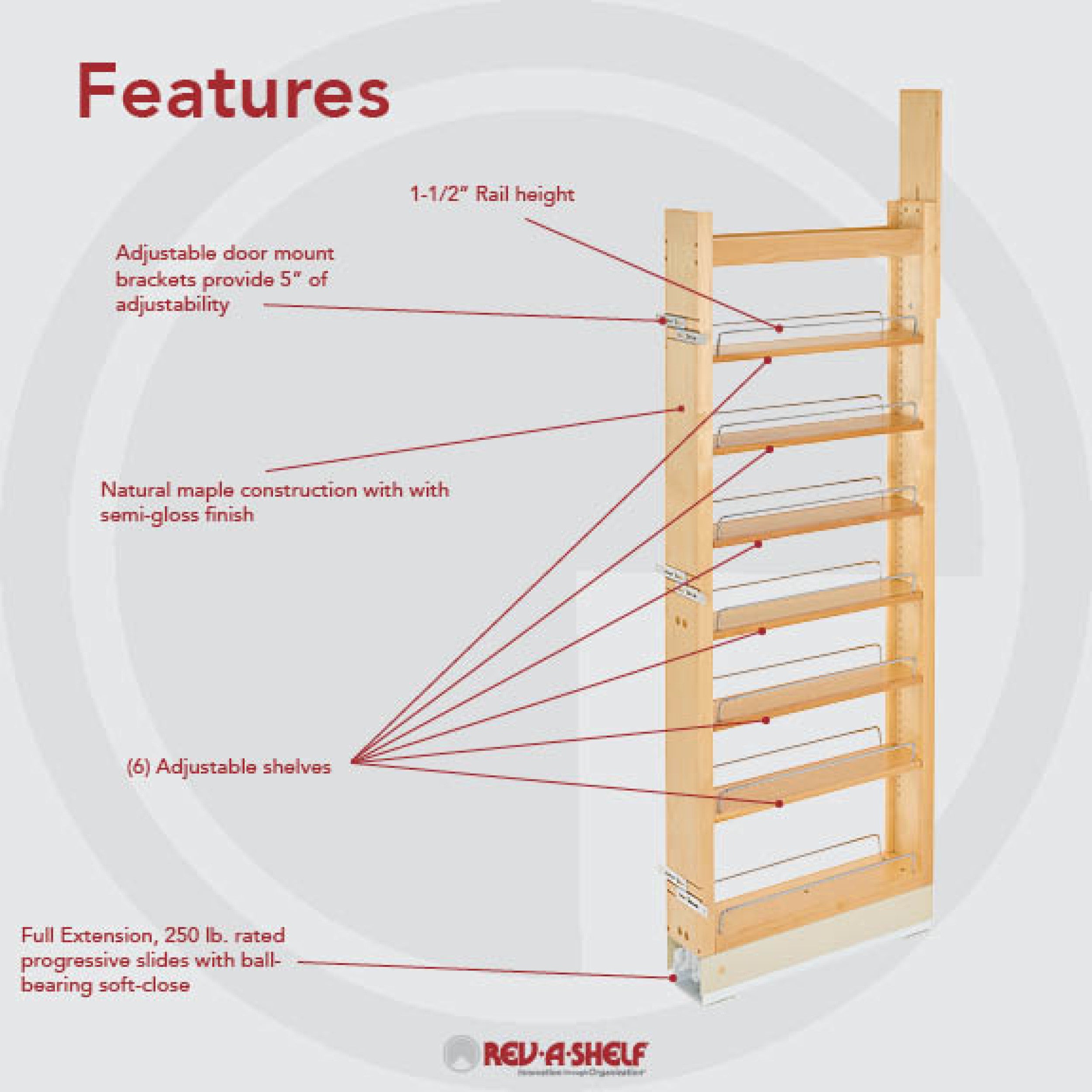 5 in W x 58 in H Wood Pantry Pullout Soft Close Natural  5 in (127 mm) W x 22 in (559 mm) D x 58.25 in (1480 mm) H