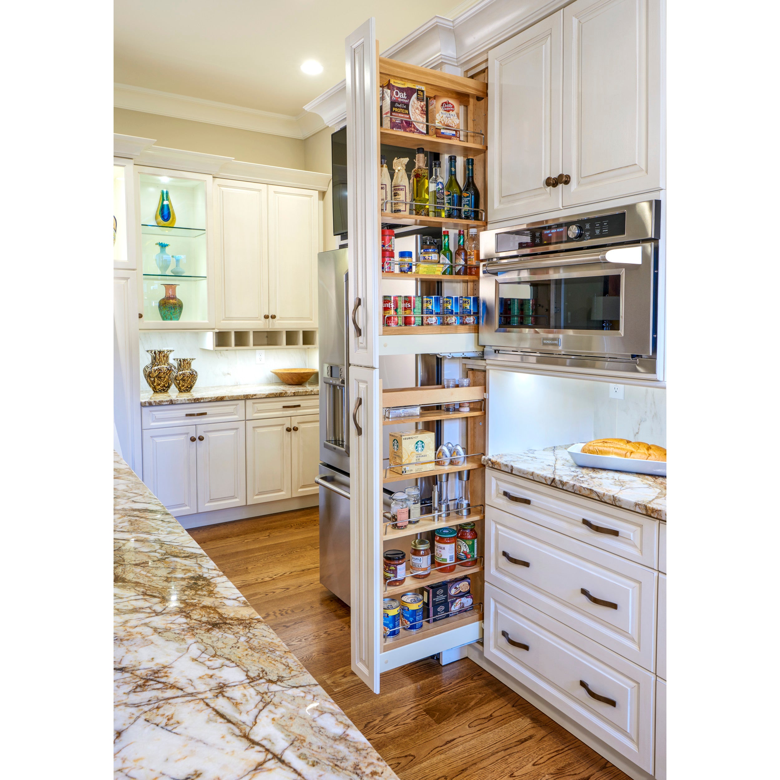 5 in W x 58 in H Wood Pantry Pullout Soft Close Natural  5 in (127 mm) W x 22 in (559 mm) D x 58.25 in (1480 mm) H
