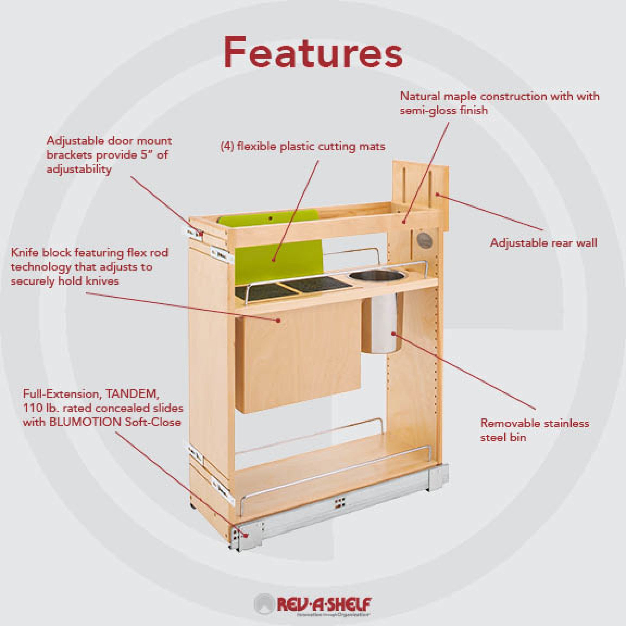 8 in Base Cabinet Organizer w/ Knife Block w/Soft-Close Natural  8.75 in (222 mm) W x 21.63 in (549 mm) D x 25.5 in (648 mm) H