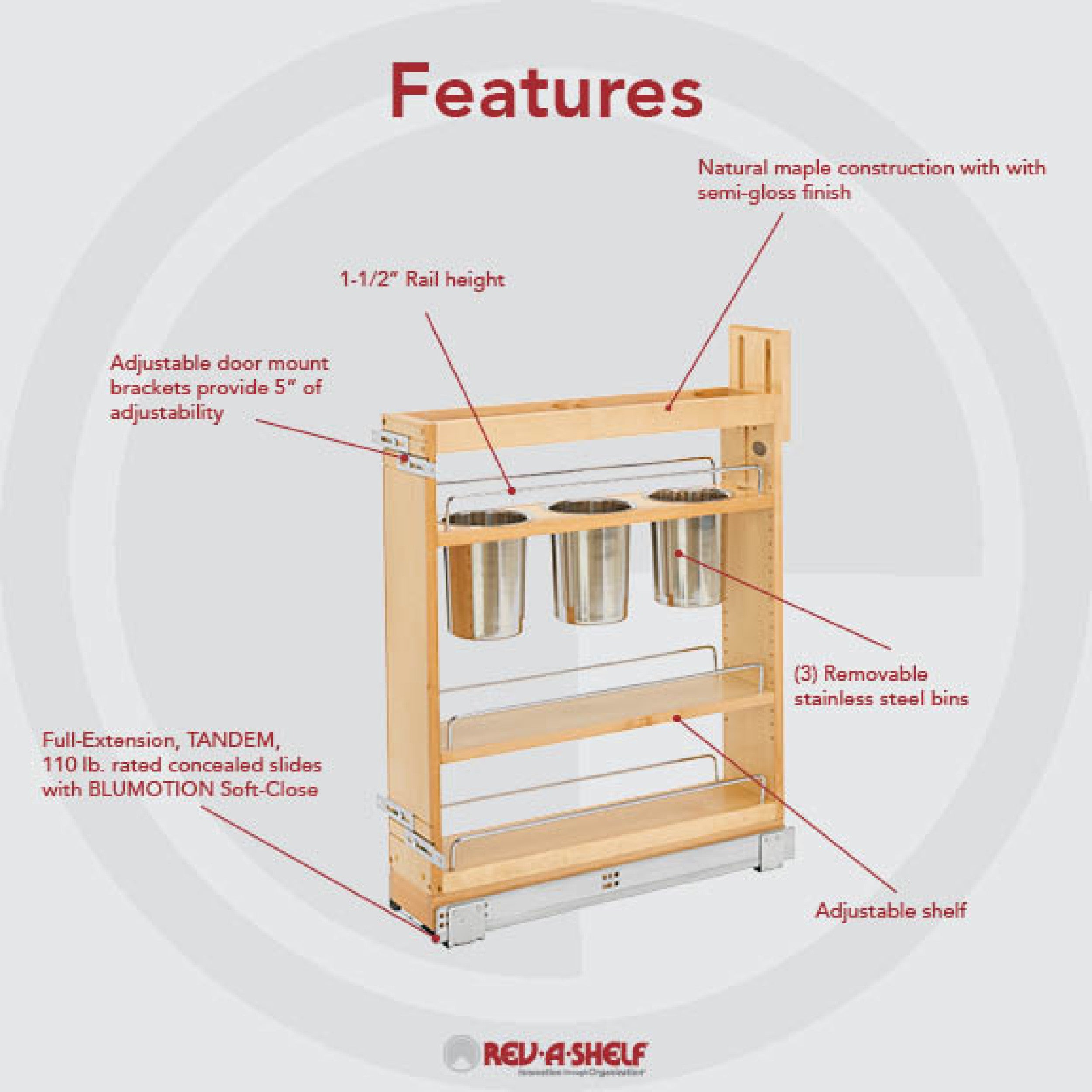 5 in Base Cabinet Organizer w/ 3 Utensil Bins Natural  6 in (152 mm) W x 21.63 in (549 mm) D x 25.5 in (648 mm) H