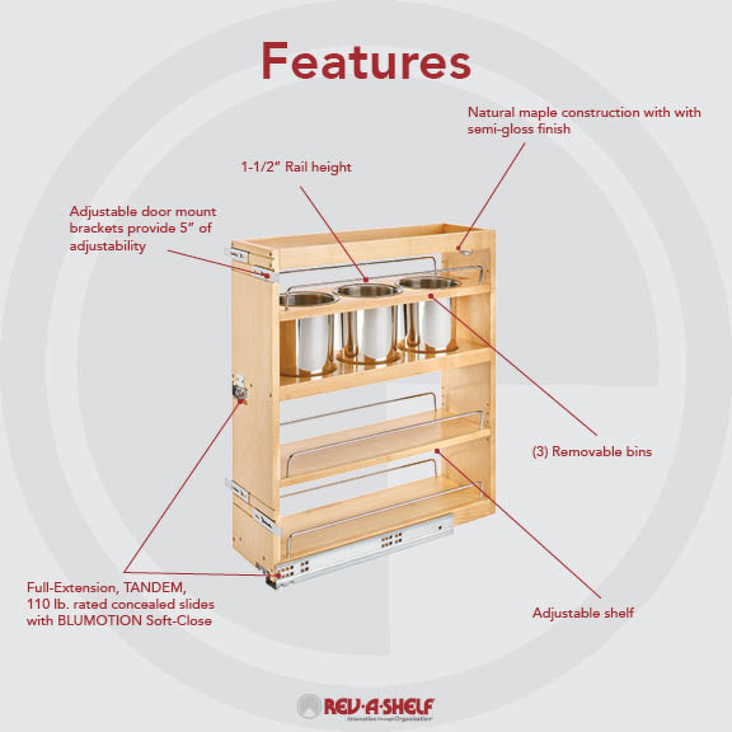 7.5 in Base Cabinet Organizer w/ 3 Utensil Bins Natural  7.5 in (191 mm) W x 21.81 in (554 mm) D x 25.25 in (641 mm) H