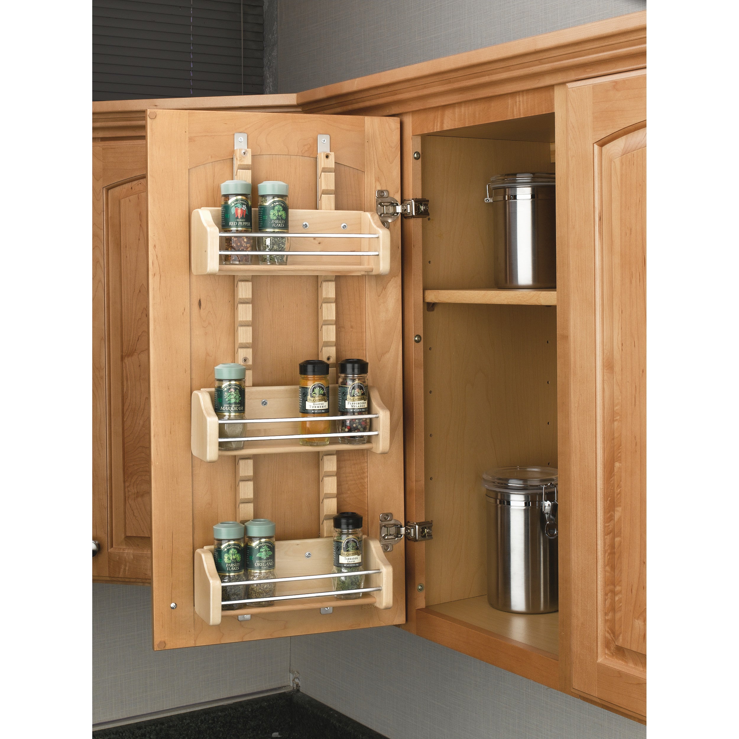 Small Adjustable Door mount Spice Rack Natural with 3 bins 10.13 in (257 mm) W x 4 in (102 mm) D x 25 in (635 mm) H