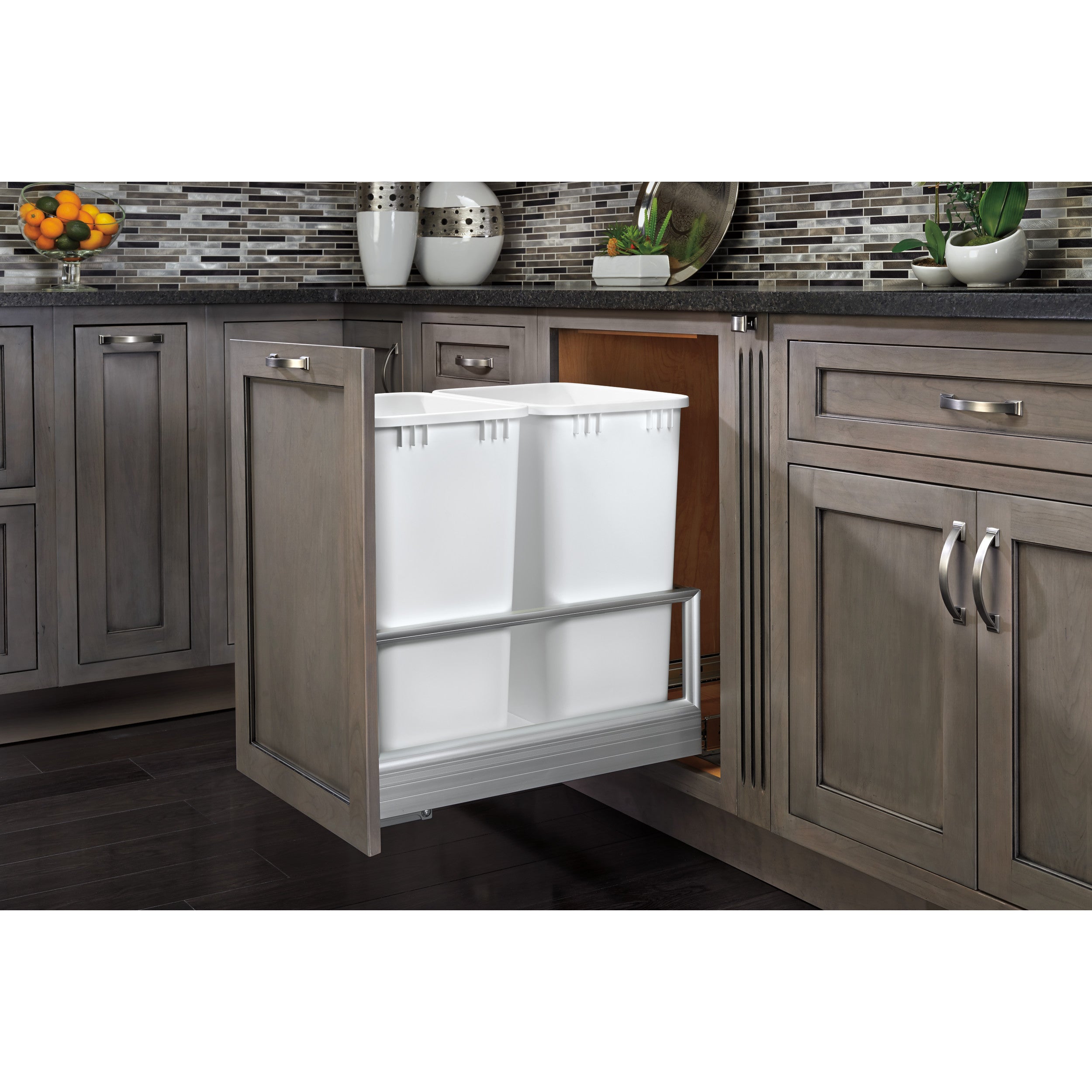 Double 50 Qrt Pull-Out Waste Container w/Rev-A-Motion White  15.63 in (397 mm) W x 22 in (559 mm) D x 23.5 in (597 mm) H
