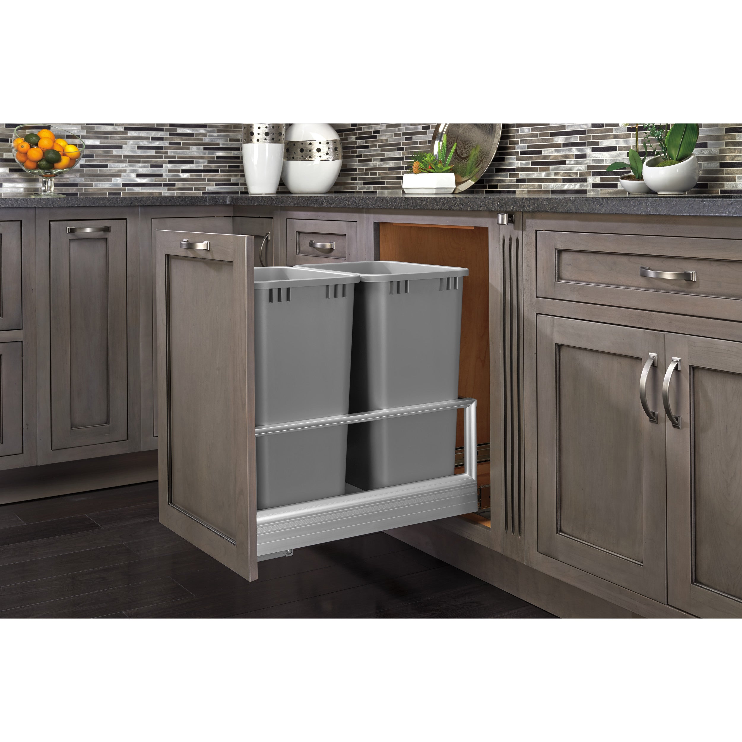 Double 50 Qrt Pull-Out Waste Container w/Rev-A-Motion Silver  15.6 in (396 mm) W x 22 in (559 mm) D x 23.5 in (597 mm) H