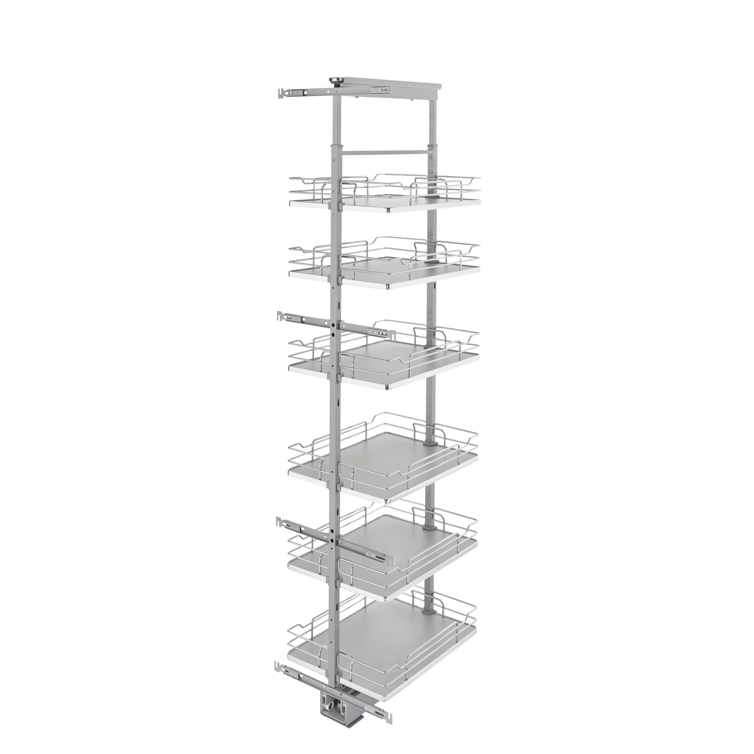 16 in Chrome Solid Bottom Pantry Pullout Soft Close Gray  16.25 in (413 mm) W x 21.69 in (551 mm) D x 73.63 in (1870 mm) H