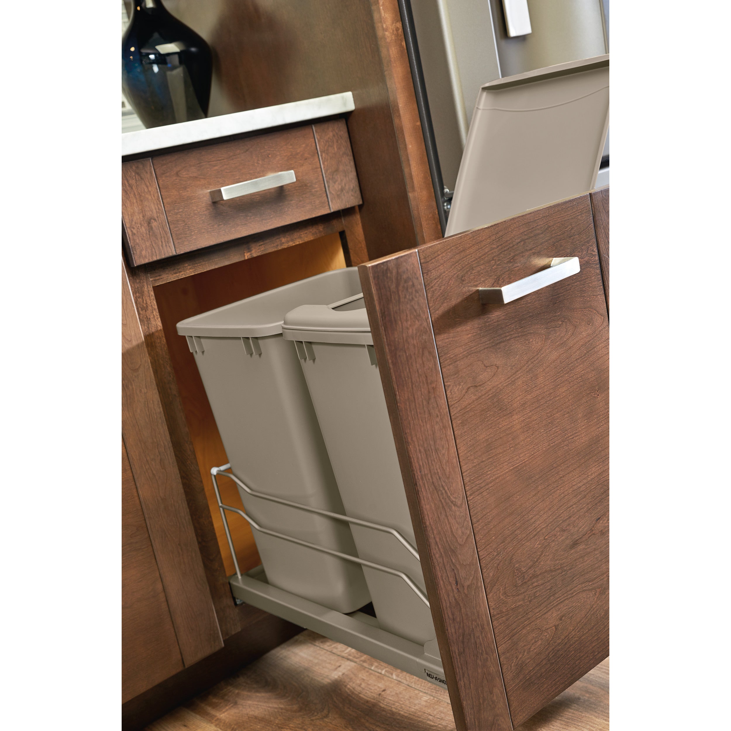 Double 35 Qrt Pull-out Waste Container Soft-Close Champagne  14.38 in (365 mm) W x 22.25 in (565 mm) D x 19 in (483 mm) H