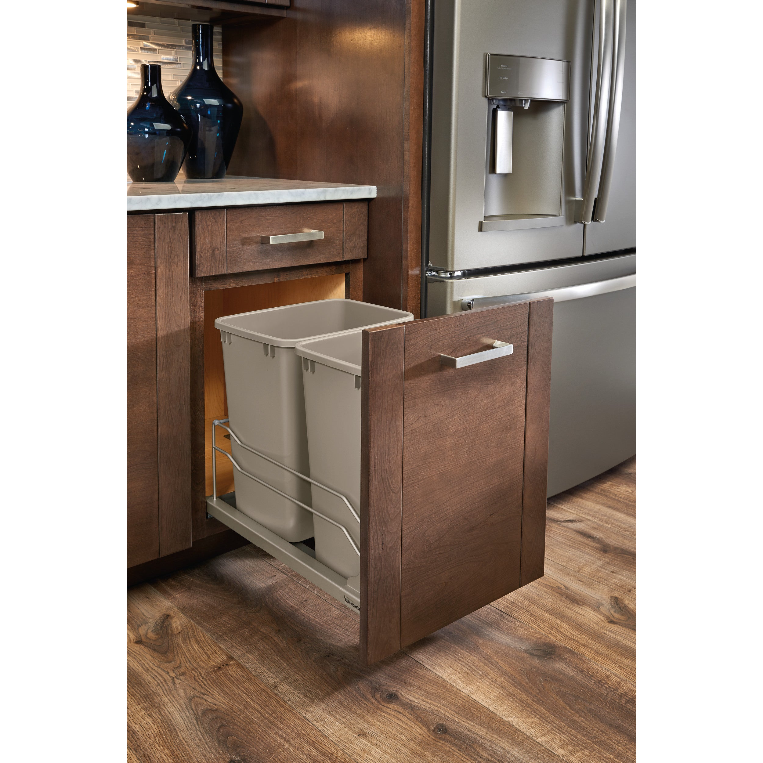 Double 35 Qrt Pull-out Waste Container Soft-Close Champagne  14.38 in (365 mm) W x 22.25 in (565 mm) D x 19 in (483 mm) H
