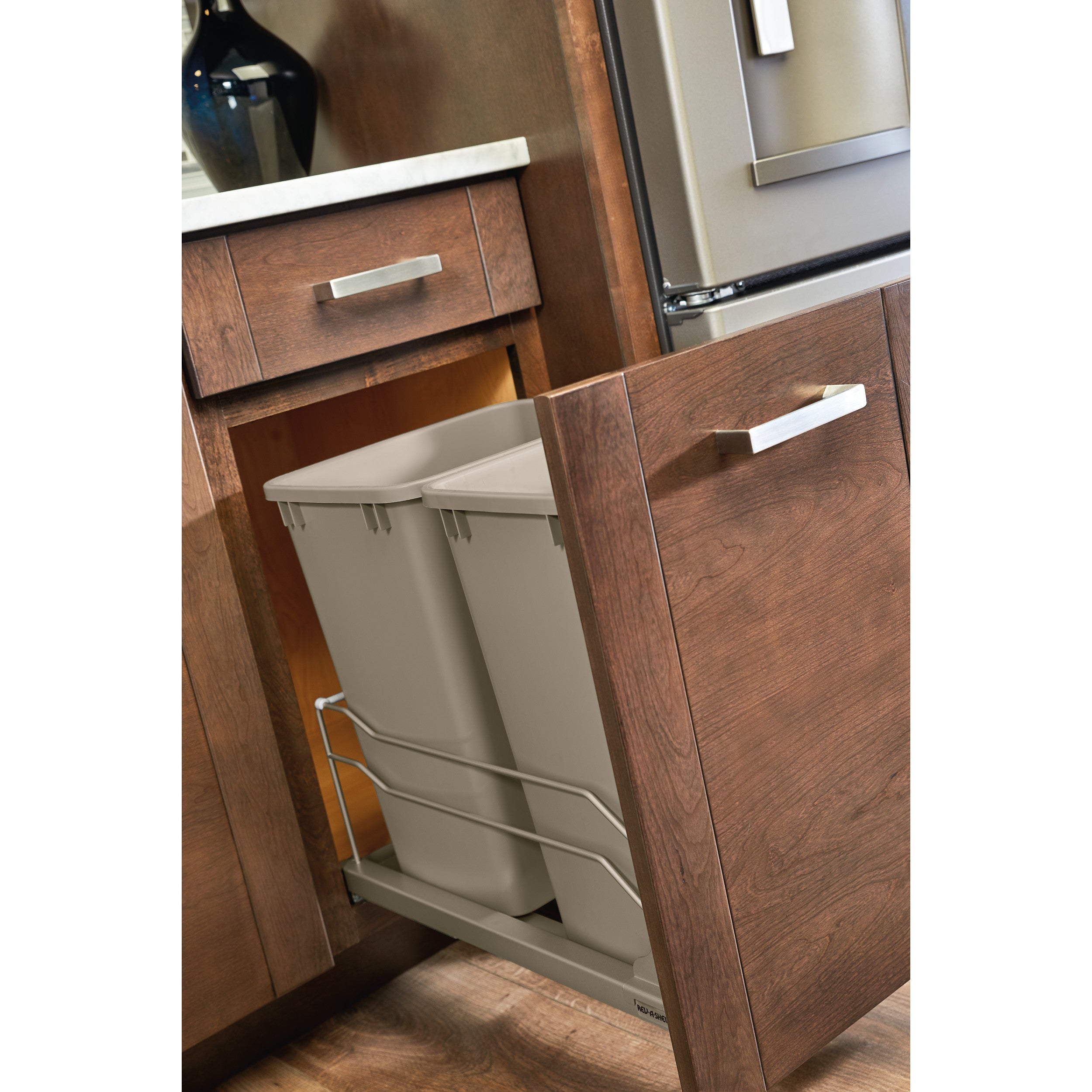 Double 35 Qrt Pull-out Waste Container Soft-Close Champagne  14.38 in (365 mm) W x 22.25 in (565 mm) D x 19 in (483 mm) H