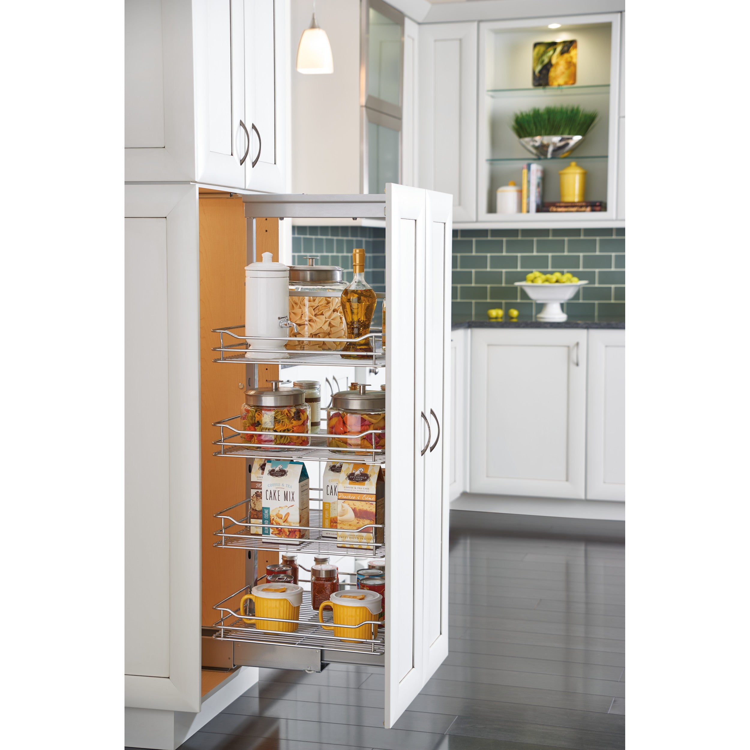 16 in Chrome Basket Pantry Pullout Soft Close Chrome  16.25 in (413 mm) W x 21.69 in (551 mm) D x 58.25 in (1480 mm) H