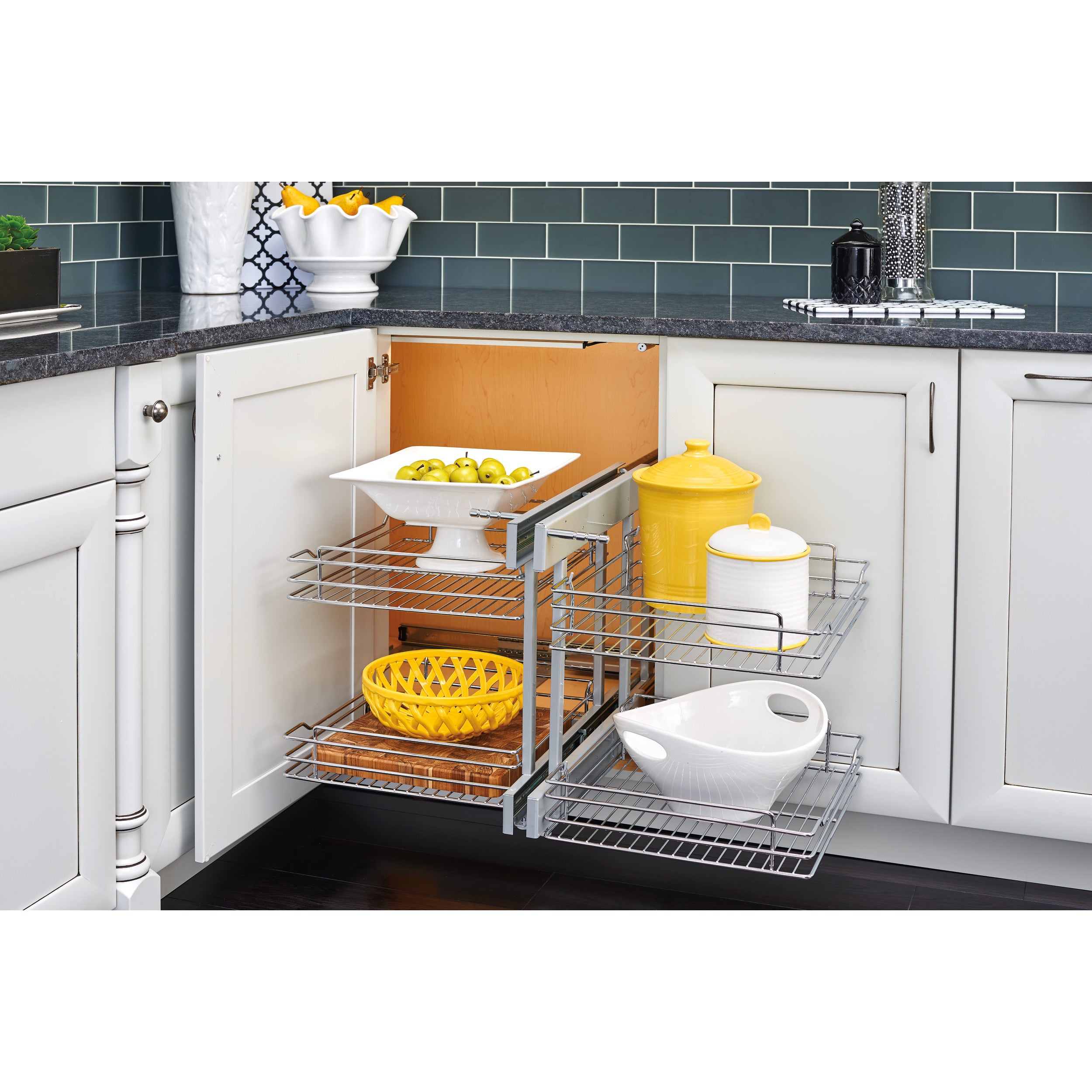 15 in Chrome Blind Corner Organizer Soft-Close Chrome  26.25 in (667 mm) W x 20.25 in (514 mm) D x 20.88 in (530 mm) H