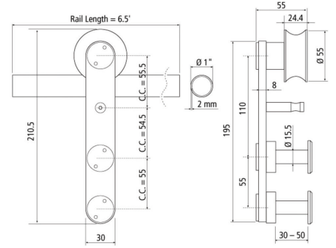 BARNDOORKIT RND RAIL SURF MT 6.5FT SS