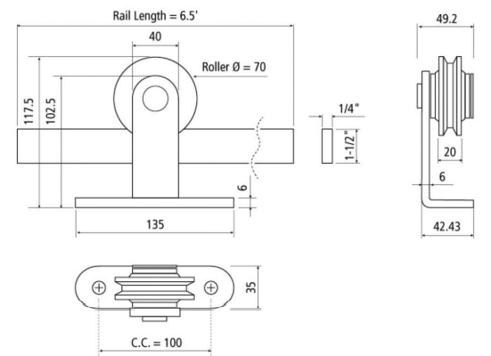 BARN DOOR KIT FLAT R/TOP MNT 6.5FT SS