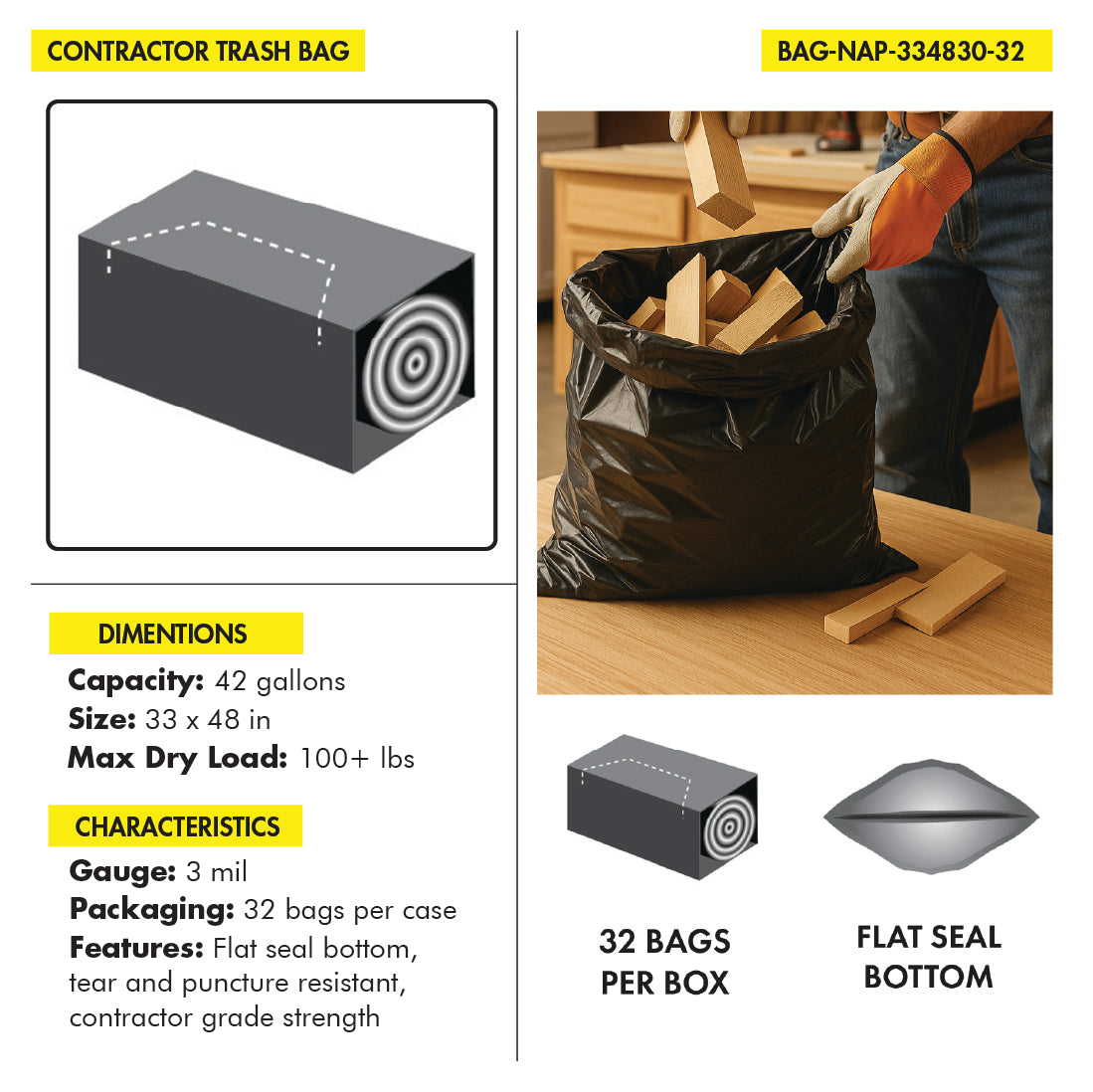 TRASH BAG CONTRACTOR TUFF  HEAVY DUTY 42 GAL 32X50" 3 MIL BLACK 32 BAGS PER BOX