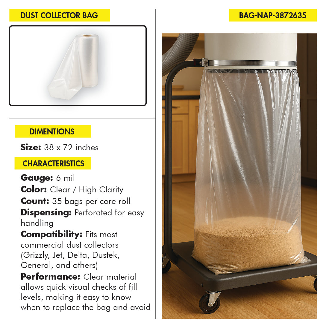 DUST COLLECTOR BAG 38x72" 6 MIL SUPER HEAVY DUTY PLASTIC CLEAR 35 BAGS PER ROLL