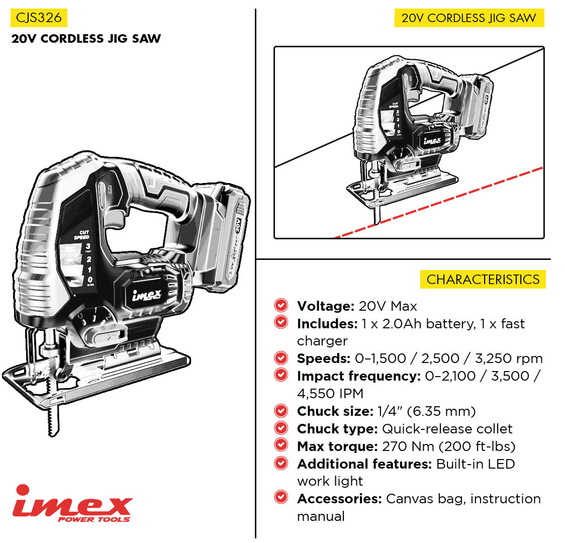 20V Cordless Jig Saw with Battery and Charger ? IMEX Power Tools