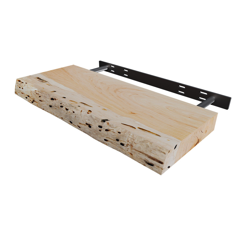 Live Edge Floating Shelf- 12" x 24" x 2"- Hickory | Federal Brace Raw Shelves
