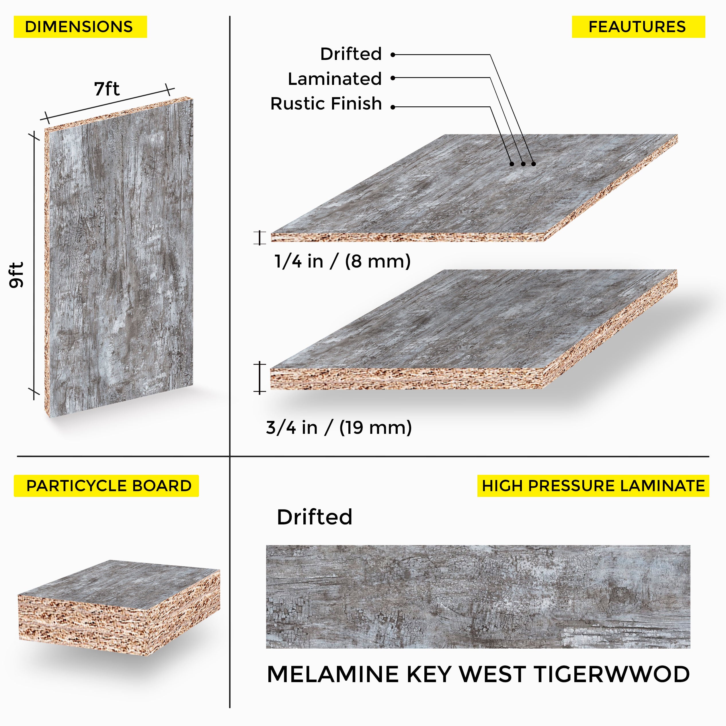 MELAMINE KEY WEST TIGERWWOD 7X9 19MM