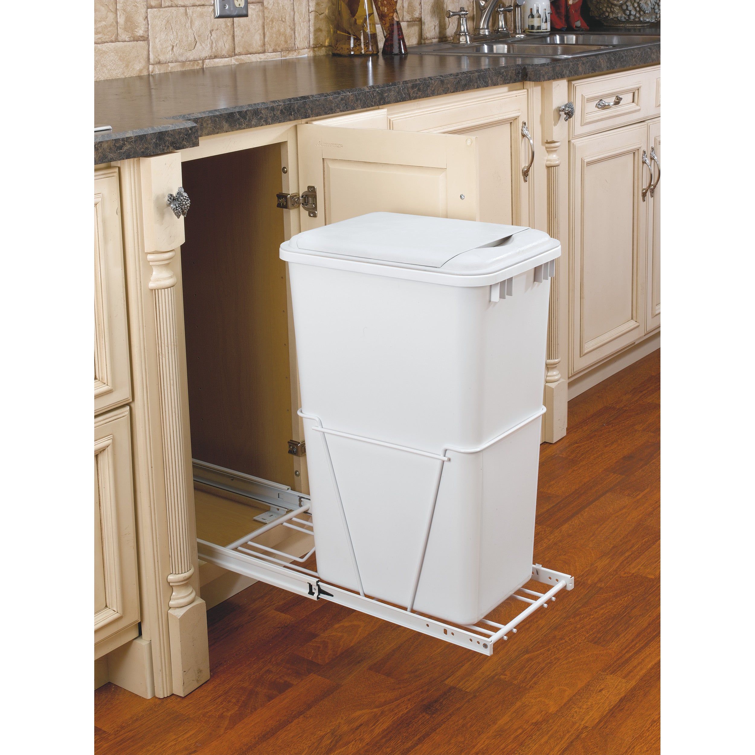 50 Qrt Pull-Out Waste Container White  11.25 in (286 mm) W x 22 in (559 mm) D x 23.25 in (591 mm) H
