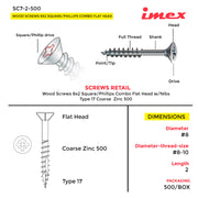 WOOD SCREWS 8X2 SQUAERE/PHILLIPS COMBO FLATHEAD W/NIBS TYPE 17 COARSE ZINC 500