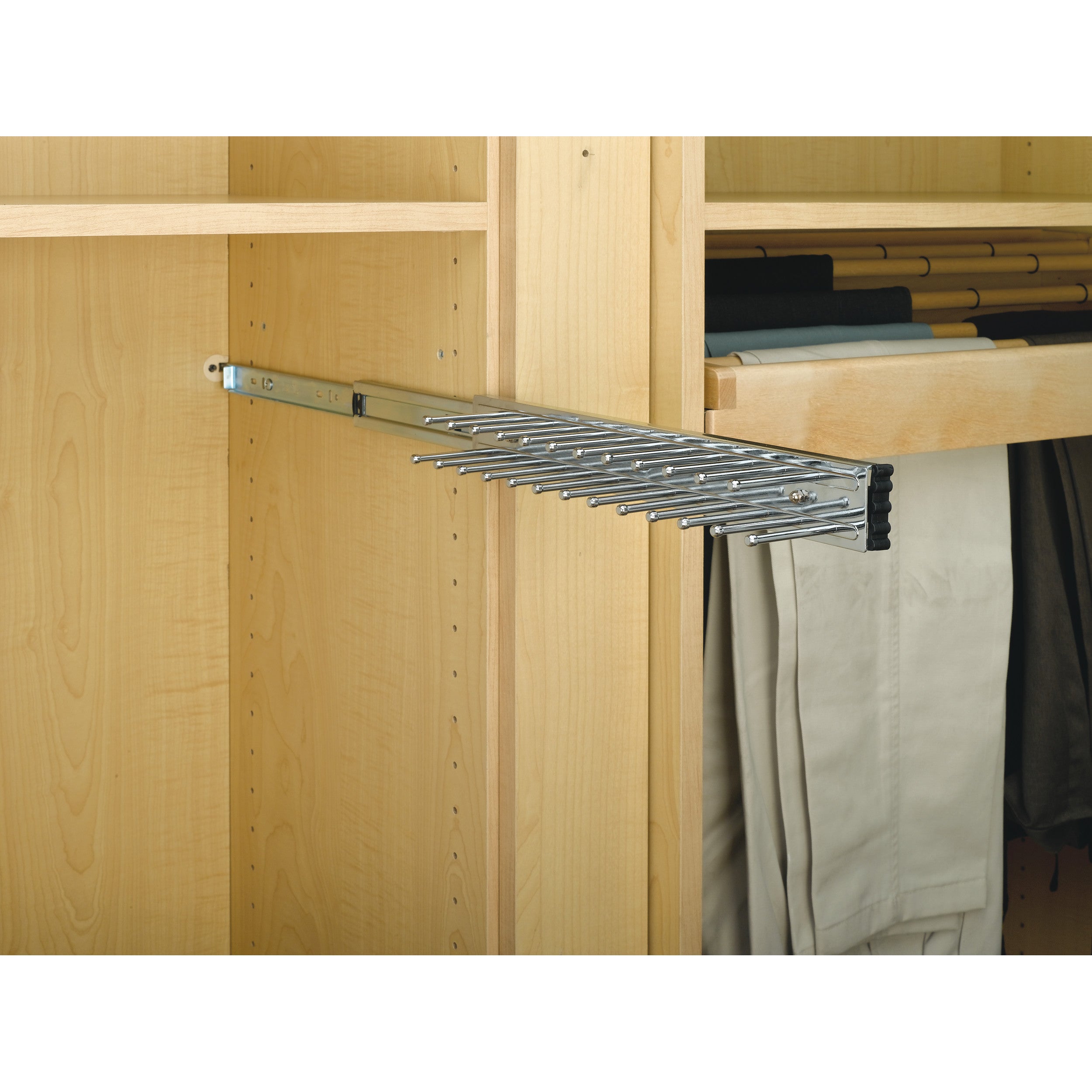 14 in Chrome Side mount Tie Rack Chrome  2.5 in (64 mm) W x 14 in (356 mm) D x 1.88 in (48 mm) H