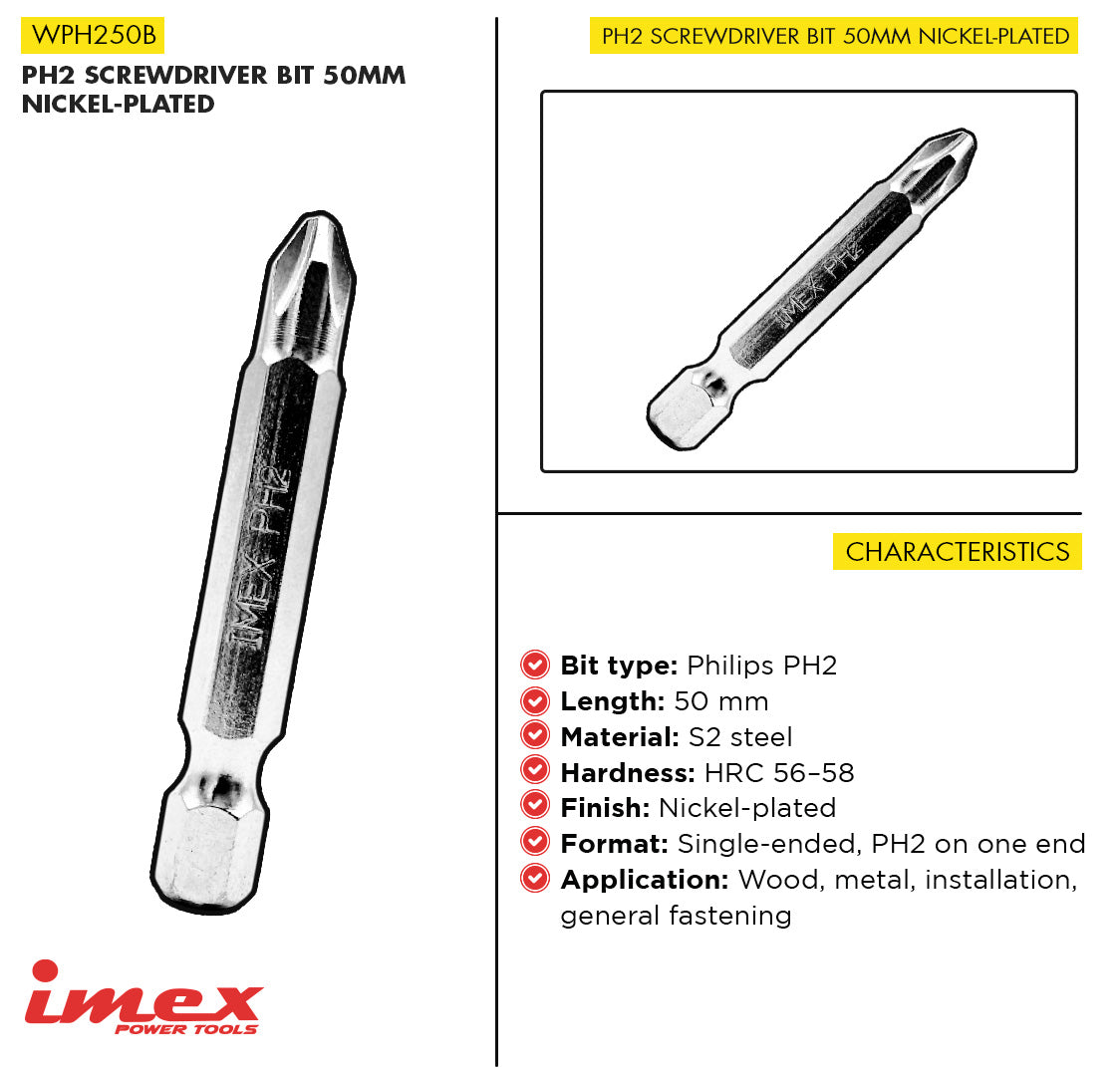 PH2 Screwdriver Bit 50mm Nickel-Plated ? IMEX Power Tools